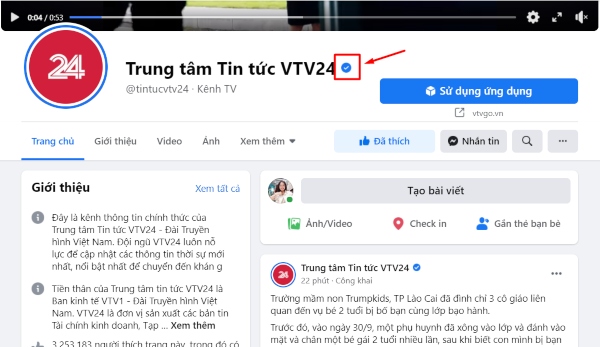 Dấu tích xanh xuất hiện sau tên Fanpage Trung tâm tin tức VTV24