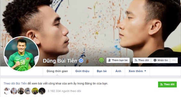 Dấu tích xanh xuất hiện sau tên Facebook cá nhân của cầu thủ Bùi Tiến Dũng