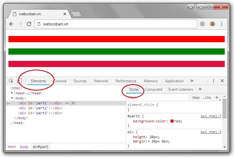 Lựa chọn tab Elements