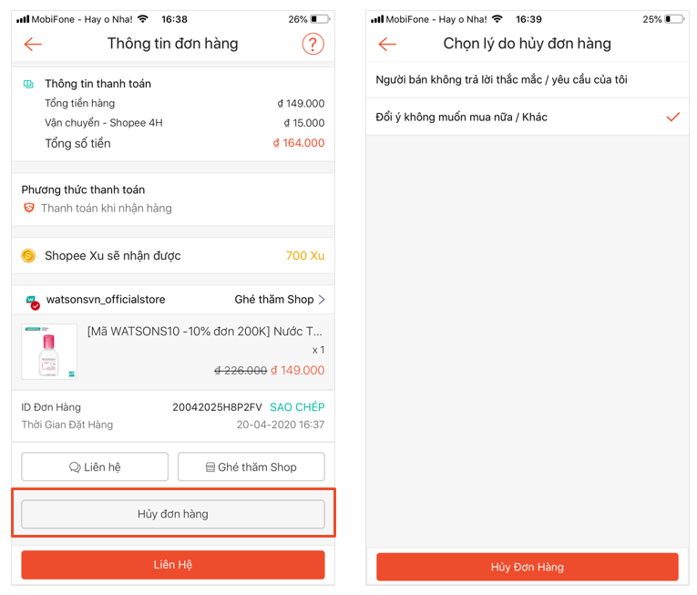 Chọn lý do hủy đơn hàng