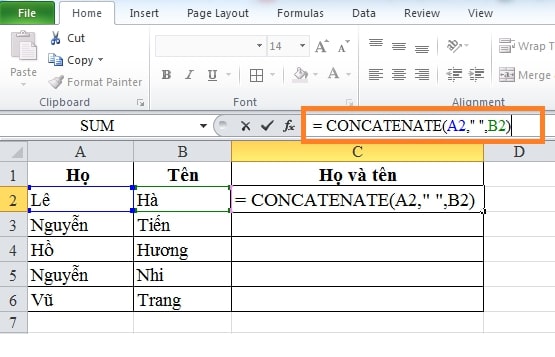 Công thức nối ô A2 cùng một khoảng trắng với ô B2