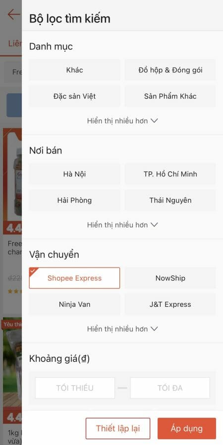 Chọn đơn vị vận chuyển shopee Express bấm vào Áp dụng