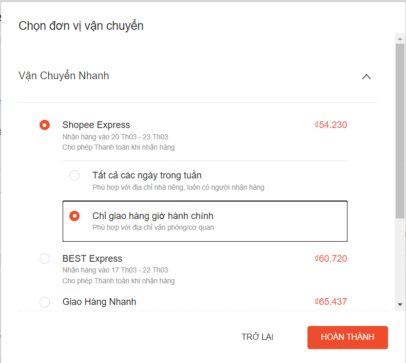 Chọn đơn vị vận chuyển và thời gian giao hàng