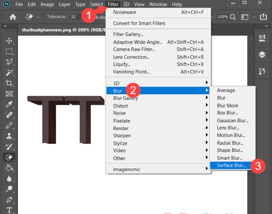 vào Filter chọn Blur nhấn Surface Blur