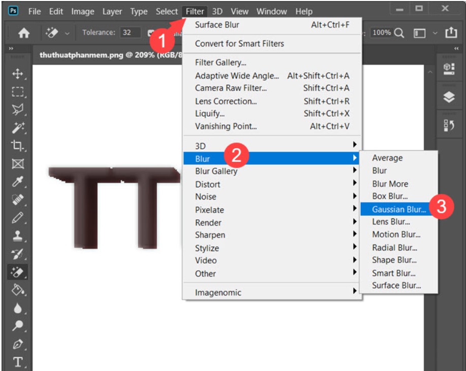 Chọn Filter nhấn Blur chọn tiếp Gaussian Blur