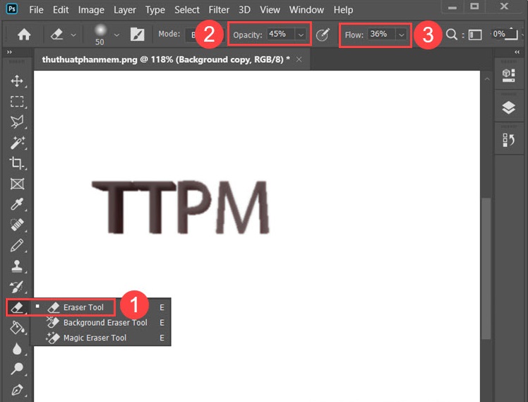 Công cụ Eraser Tool để thiết lập Opacity