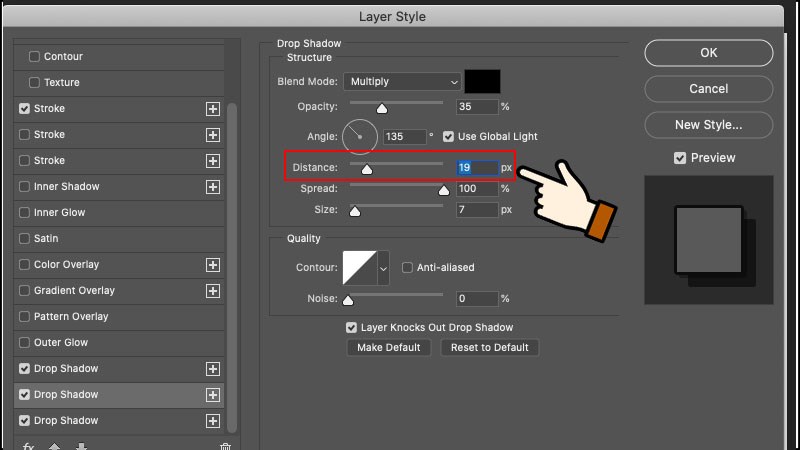 Tiếp tục thêm drop shadow và chỉnh distance