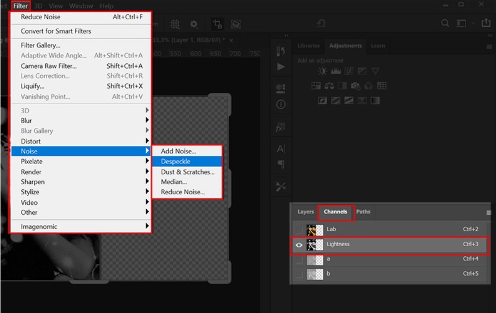 Chọn Filter > Chọn Noise > chọn Despeckle