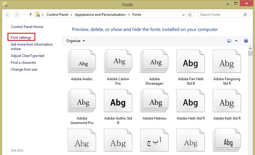 Chọn Font Settings