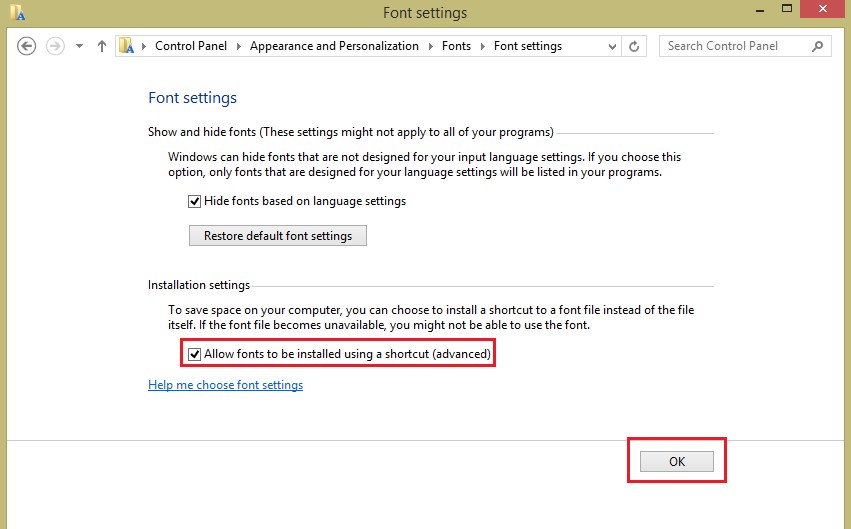 Tích vào Allow fonts to be và nhấn OK
