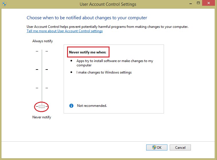 Kéo thanh trượt xuống mức Never notify