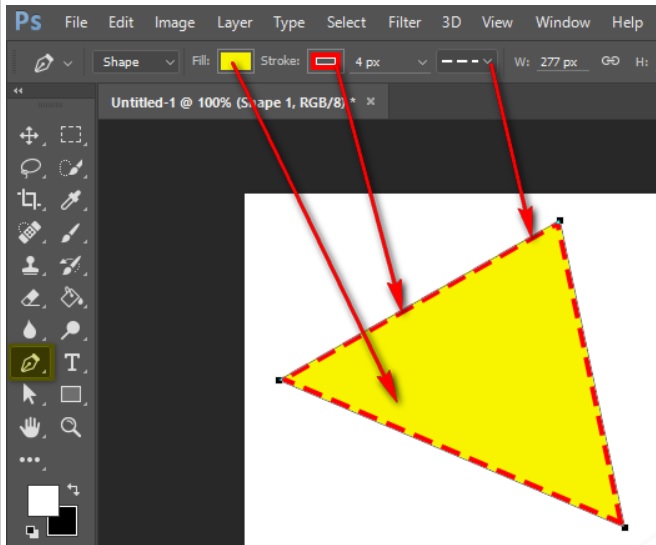 Chọn Stroke màu đỏ thì viền sẽ được tô màu đỏ và chọn kiểu đường nét đứt