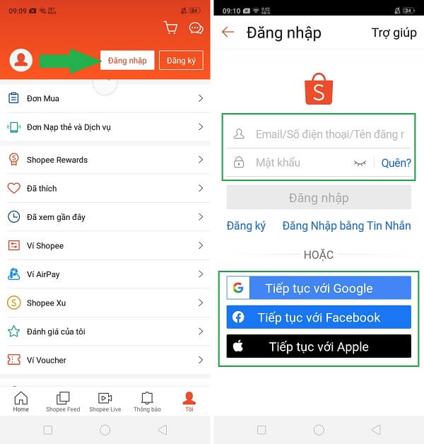 Đăng nhập vào Shopee