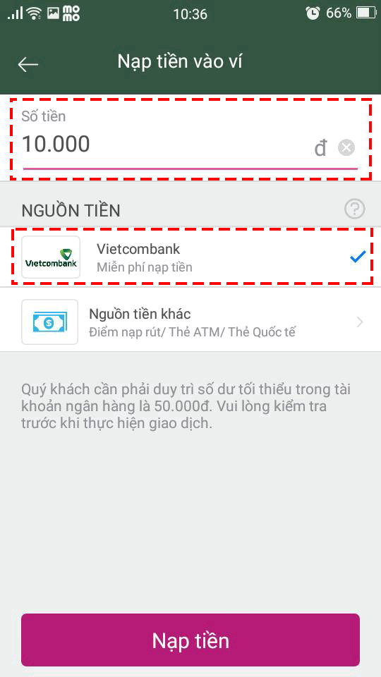 Tiến hành nạp tiền vào ví