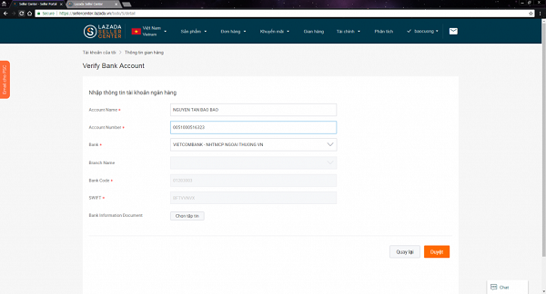 Điền thông tin tài khoản ngân hàng