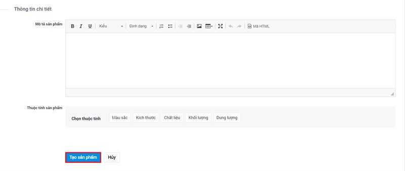 Nhập thông tin chi tiết rồi tạo sản phẩm