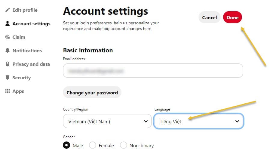 thay doi pinterest sang tieng viet