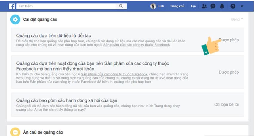 Chọn Cài đặt quảng cáo