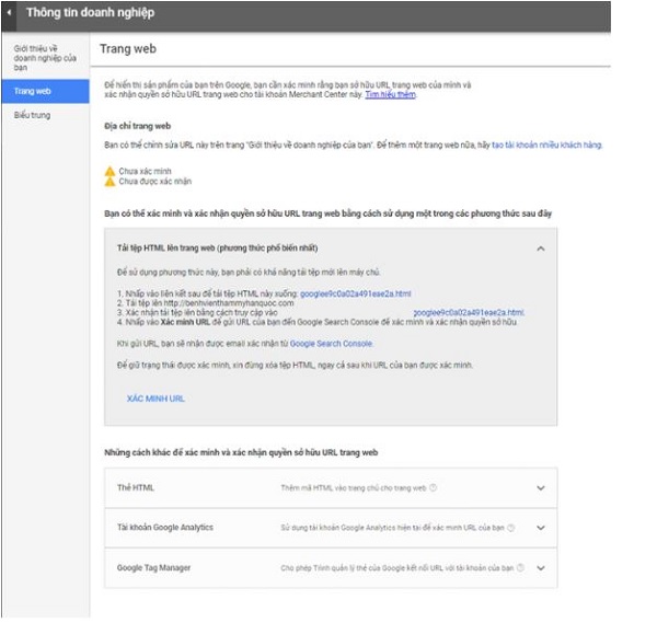 Xac minh tai khoan Merchant Center