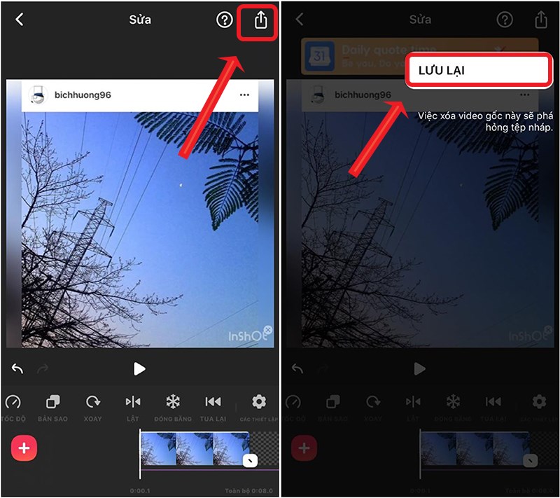 Nhấn lưu video ở góc phải