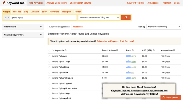 su dung cong cu keyword tool 2