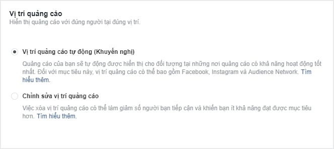 Thiết lập vị trí quảng cáo
