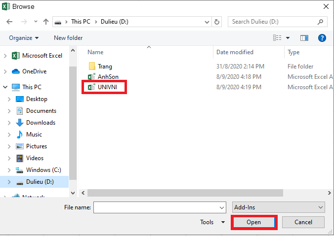 Chọn file đã lưu và chọn open