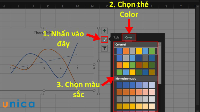 Chọn thẻ Color rồi chọn màu sắc mà bạn muốn đổi cho đồ thị