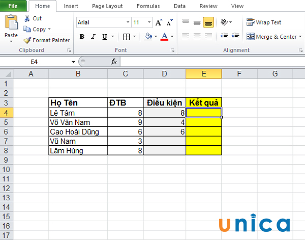Nhập công thức tính vào E4