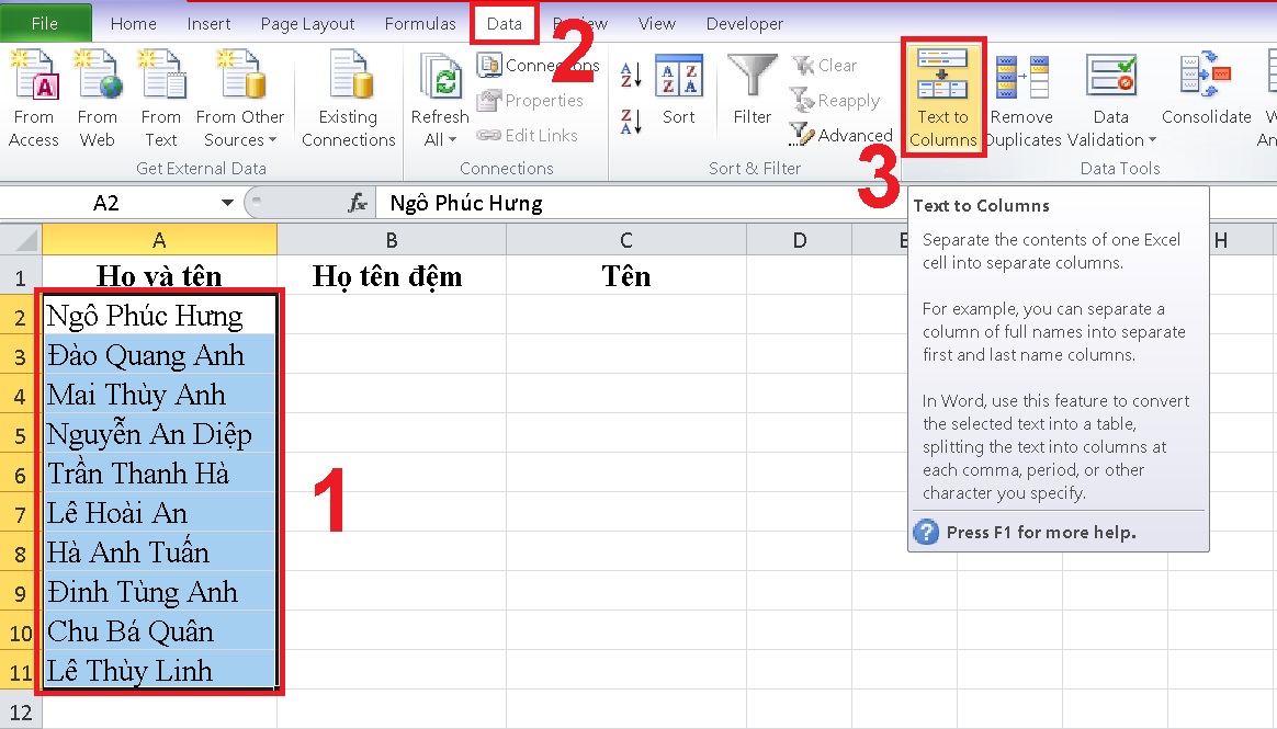Thao tác tách họ và tên