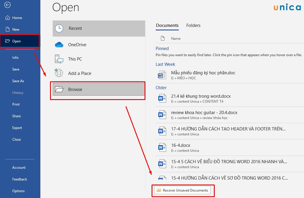 Mở tính năng Recover Unsaved Document để khắc phục lỗi file Word không mở được