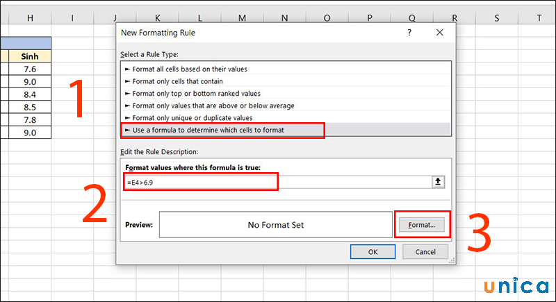 Nhập công thức vào ô Format values where this formula is true