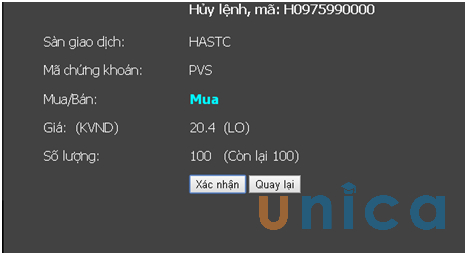 Màn hình xác nhận hủy lệnh