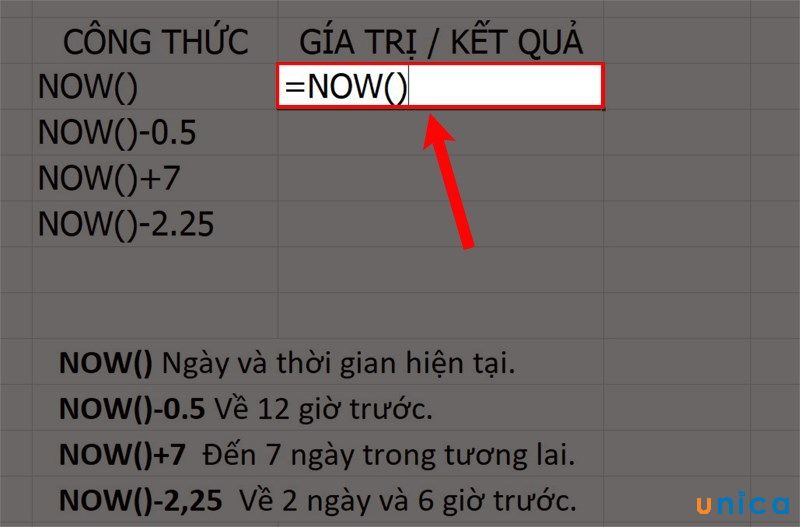 Hàm NOW trong Excel