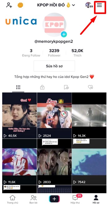 Chọn biểu tượng 3 dòng gạch