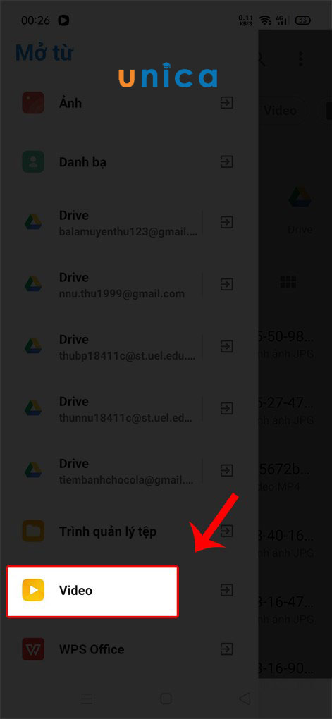 Kéo xuống dưới và chọn mục Video
