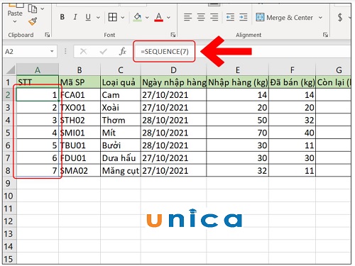 Cách đánh số thứ tự sau khi lọc dữ liệu excel bằng hàm SEQUENCE