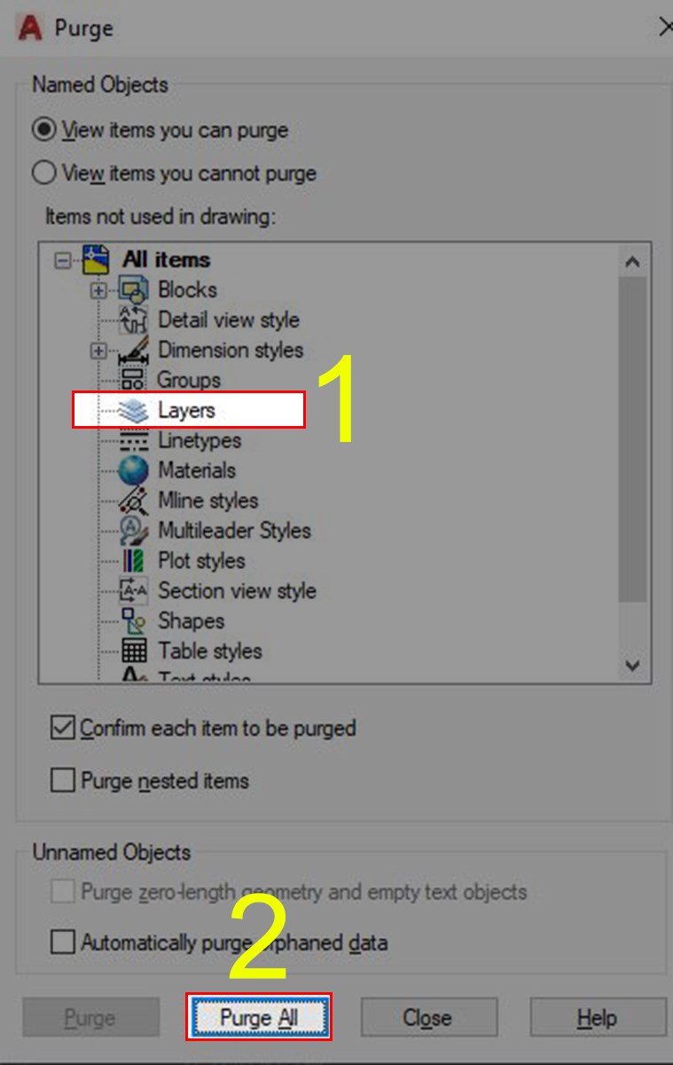 Chọn các layer bạn muốn xóa bằng Lệnh Purge