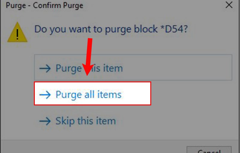Chọn Purge all items để xóa
