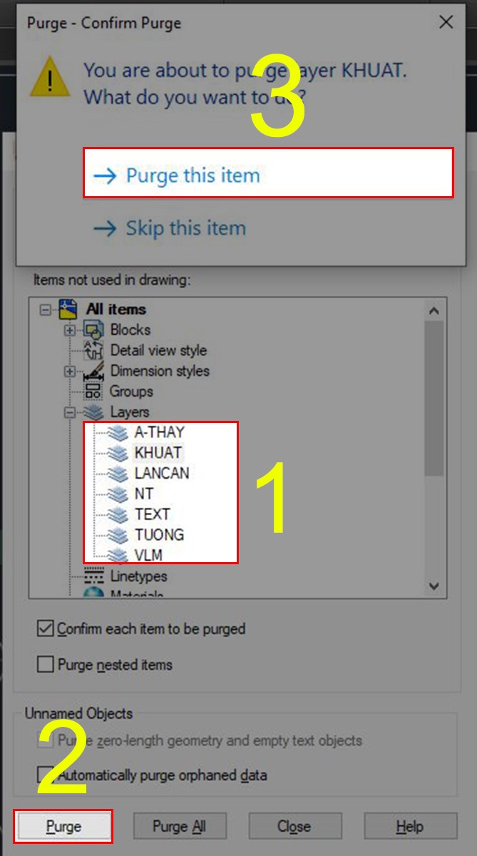 Cách xóa layer theo lệnh Purger