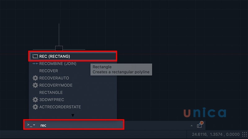 Vẽ hình chữ nhật bằng lệnh Rec trong Cad