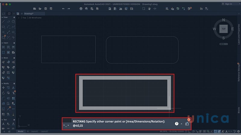 Nhập chiều dài là 40, chiều rộng là 15 thì bạn nhập @40,15 nhấn Enter