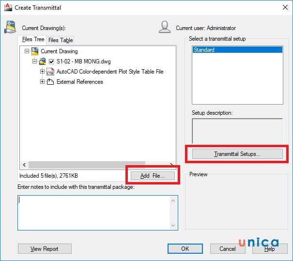 Chọn chức năng bổ sung trong hộp thoại Create Transmittal