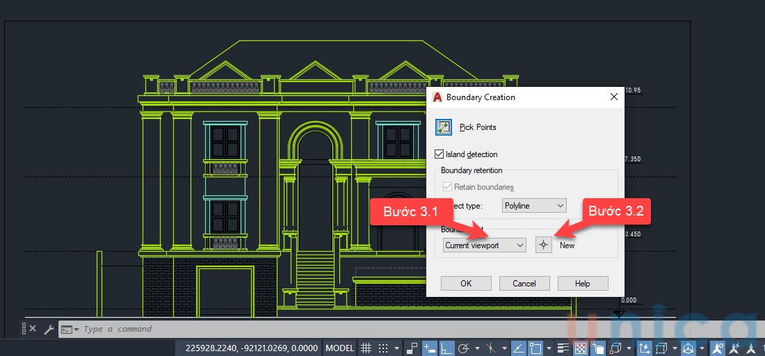 Bấm chọn một điểm trên đối tượng để làm điểm bên trong giúp bo kín đối tượng bằng cách chọn Current Viewpoint