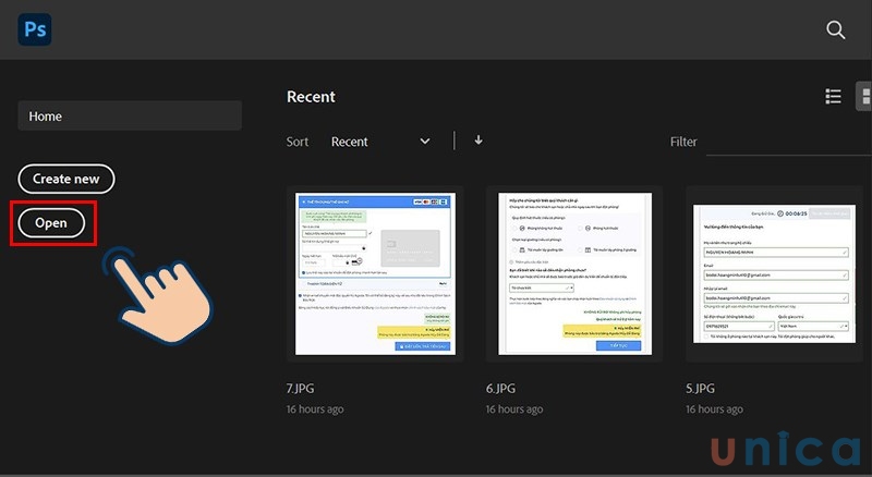 Tại màn hình chính chọn Open để thêm ảnh