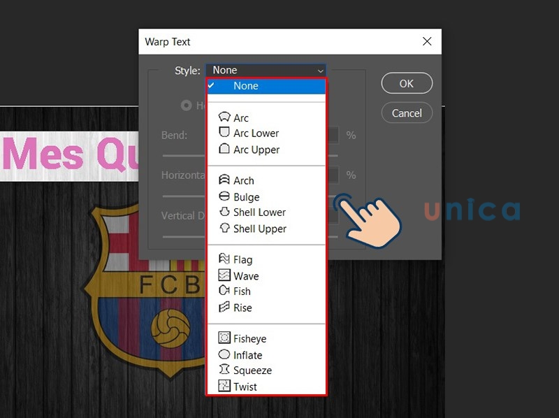 Chọn vào khung Style rồi chọn kiểu chữ uốn lượn muốn sử dụng