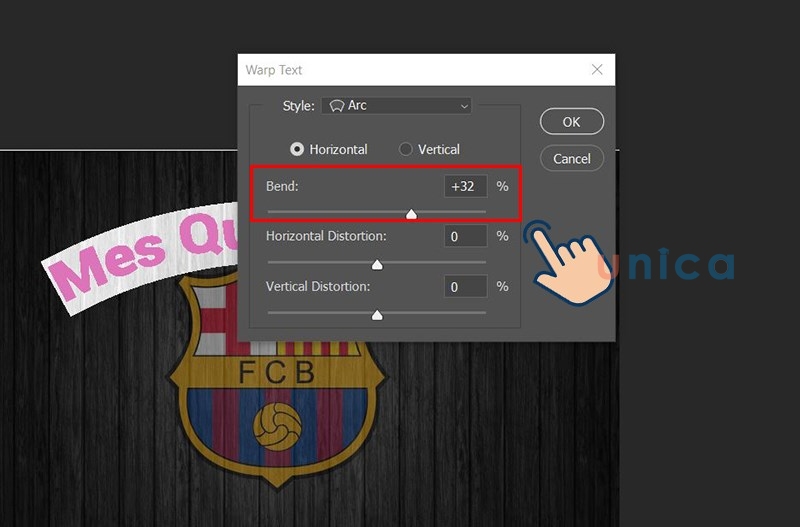 Kéo thanh trượt về trái hoặc phải để thay đổi độ cong của hiệu ứng chữ tại thanh Bend