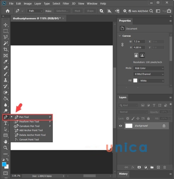 Mở công cụ Pentool trong photoshop