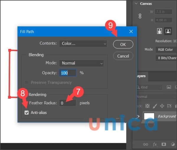 Thiết lập Feather Radius (7) bằng 0 và tích chọn Anti-alias (8) để khử răng cưa cho viền