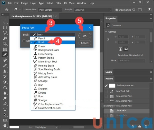 Vào Tool (3) => chọn Brush (4) => OK (5)